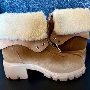 JustFab Tan Suede Boots with Cream Fur